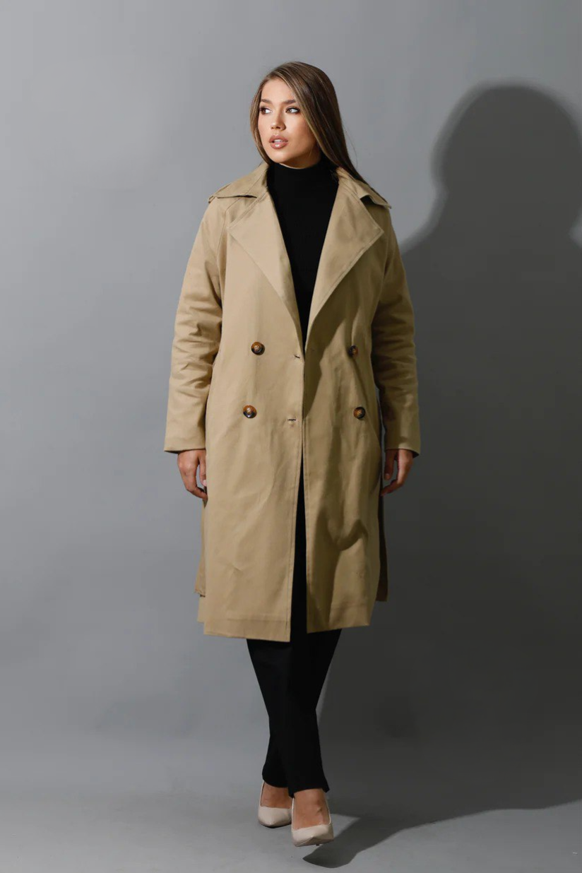 Beige Belted Women Trench Coat - Gabardine