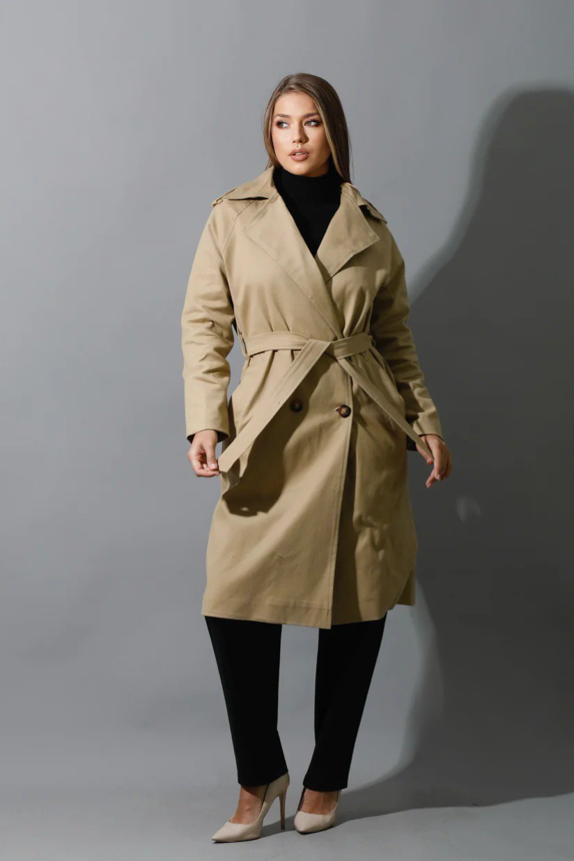 Beige Belted Women Trench Coat - Gabardine