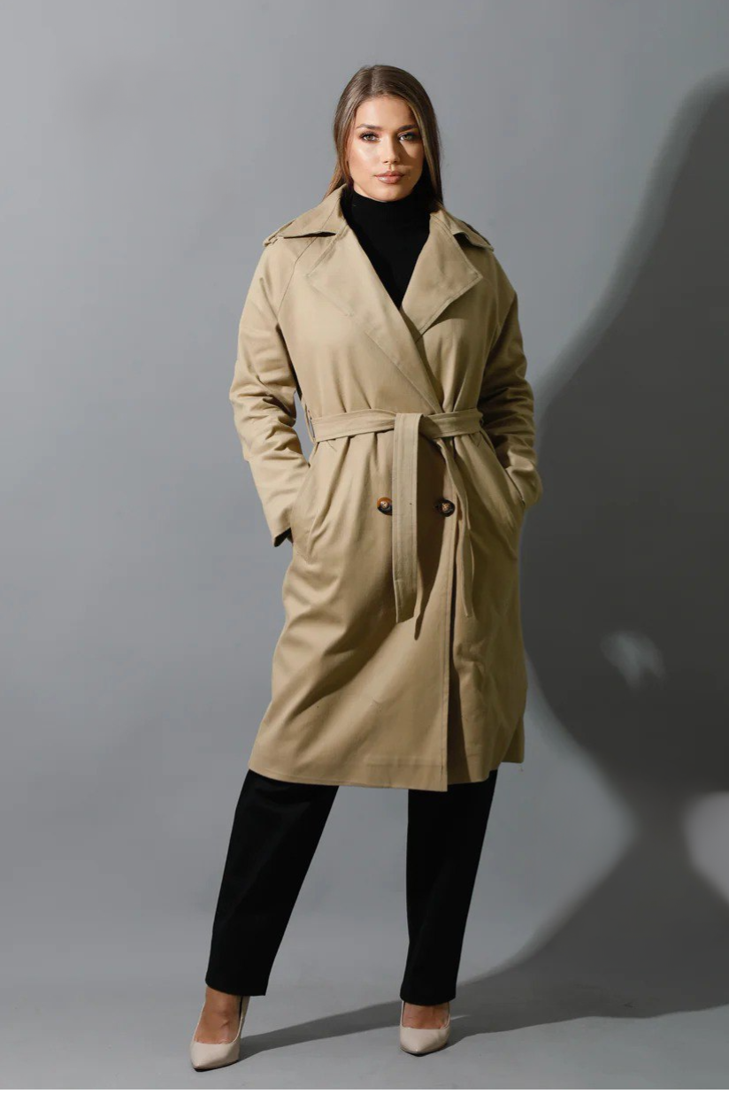 Beige Belted Women Trench Coat - Gabardine
