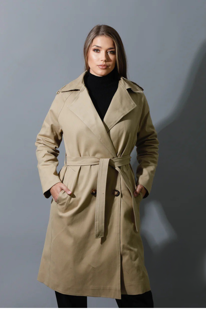 Beige Belted Women Trench Coat - Gabardine