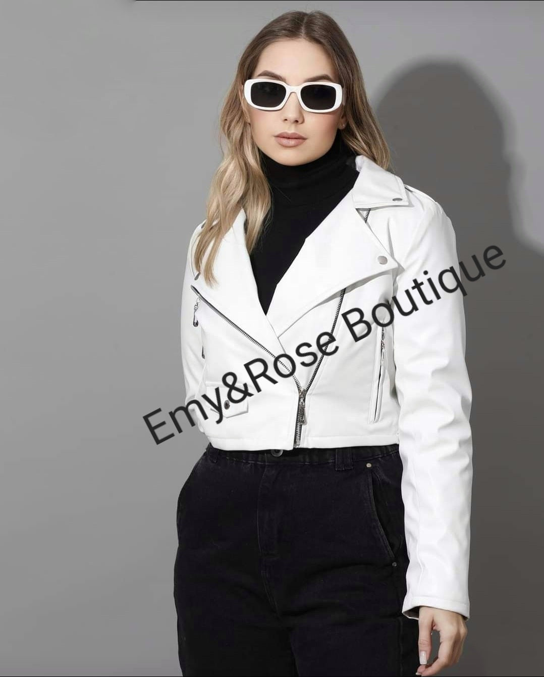 Leather Biker Jacket - White - EMY & ROSE Boutique