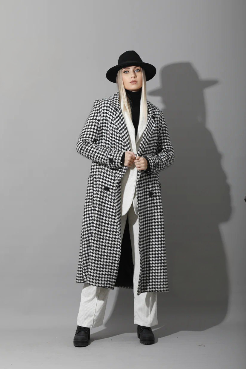 Oversized Double Breast Tweed Coat -  Black & White