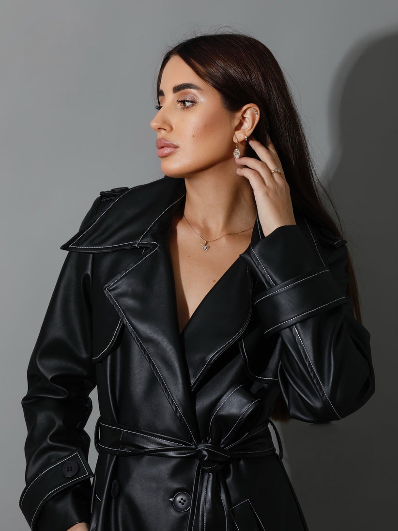 Black Leather Trench Coat With White Stitch -