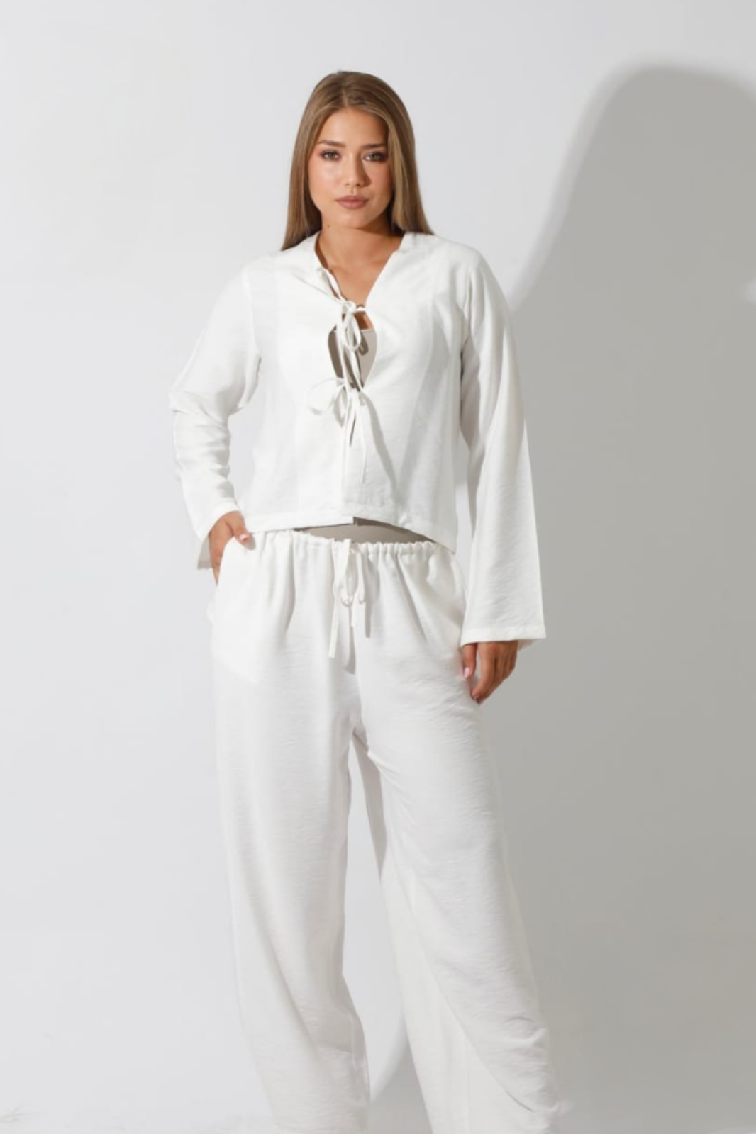 Spanish Linen - Regular Fit - White Set - Short Kimono & Wide leg pants