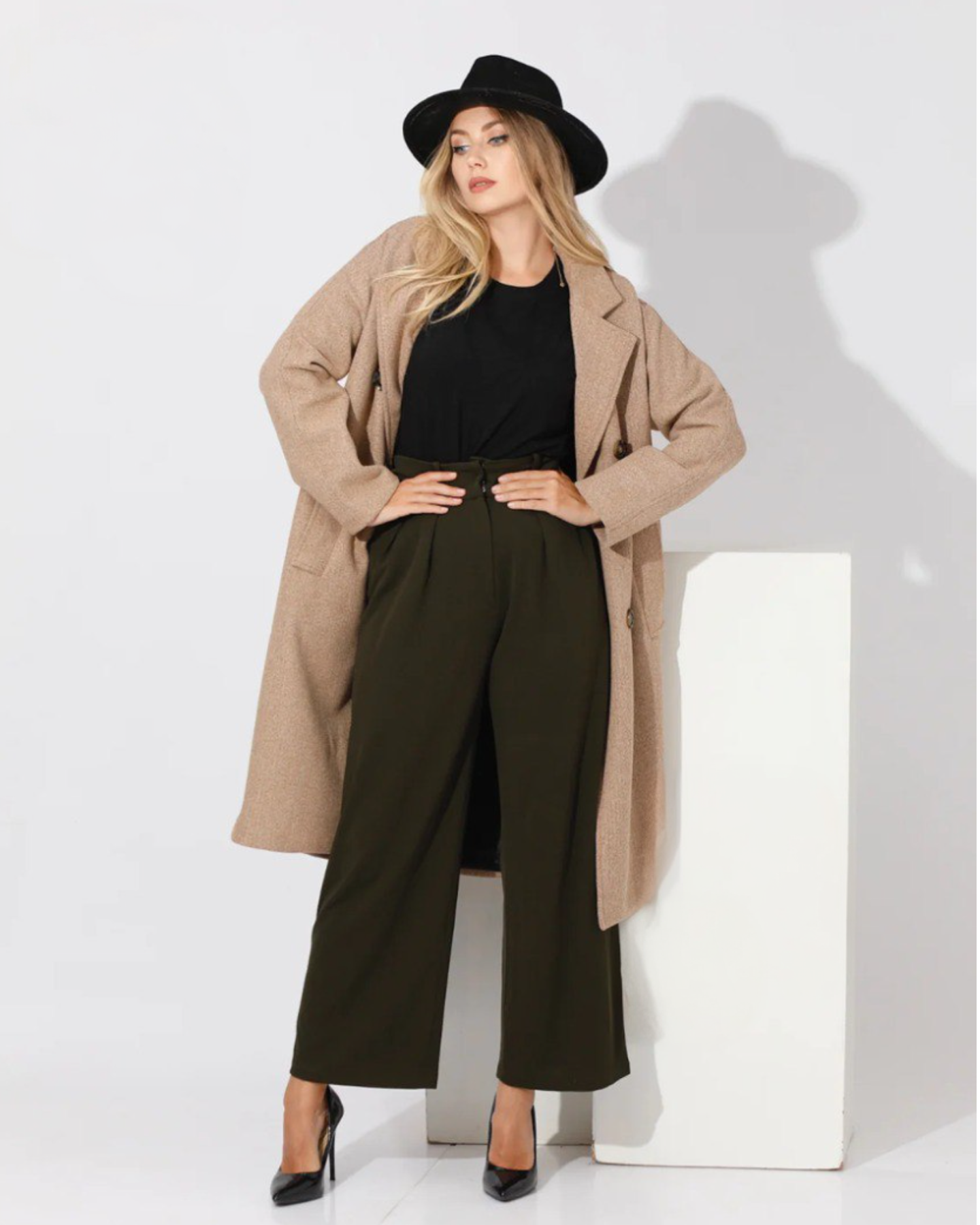 Oversized Double Breasted Womens Wool Coat Beige