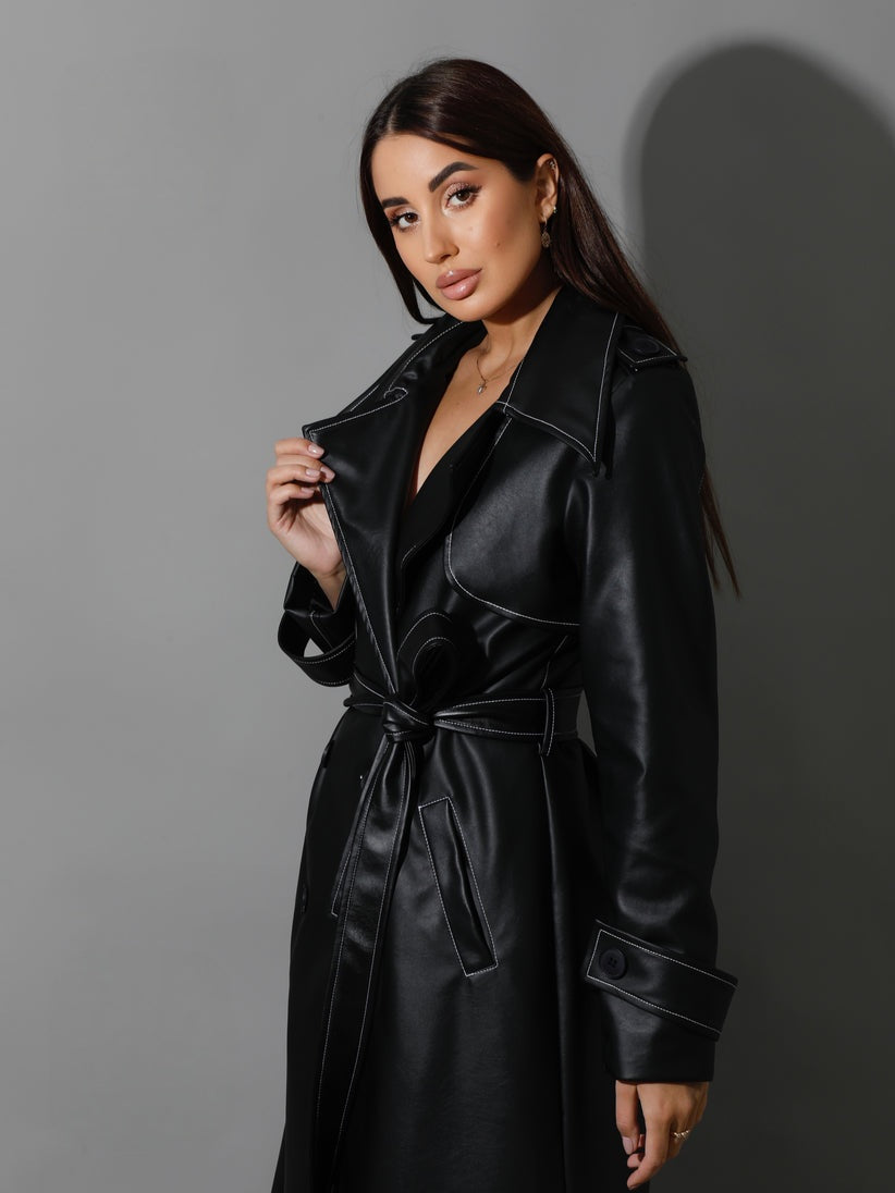 Black Leather Trench Coat With White Stitch -