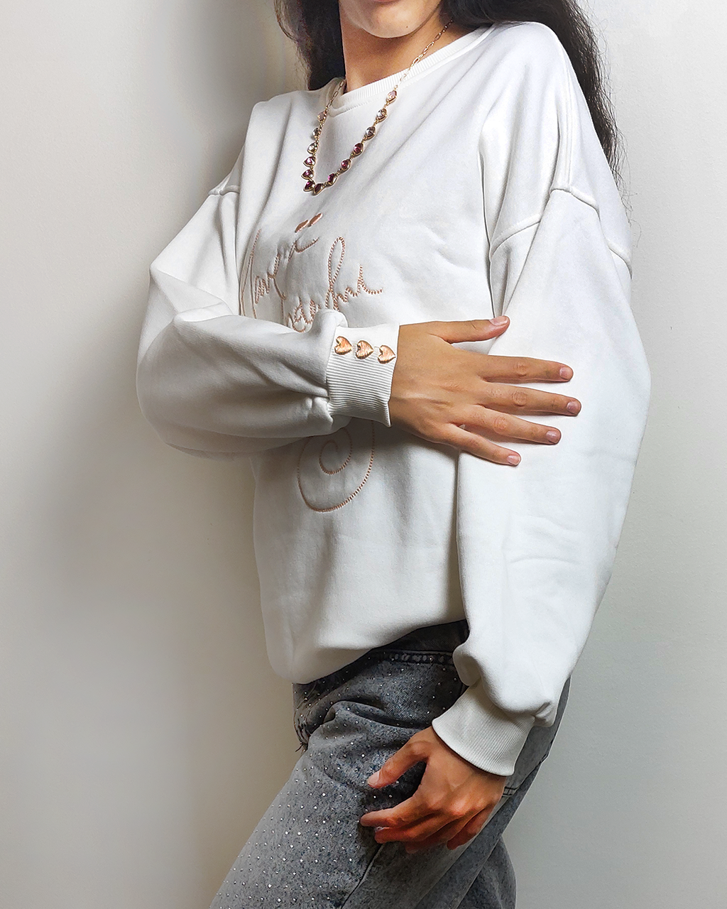Cotton - oversized sweatshirt - Embroidered Front - long sleeves