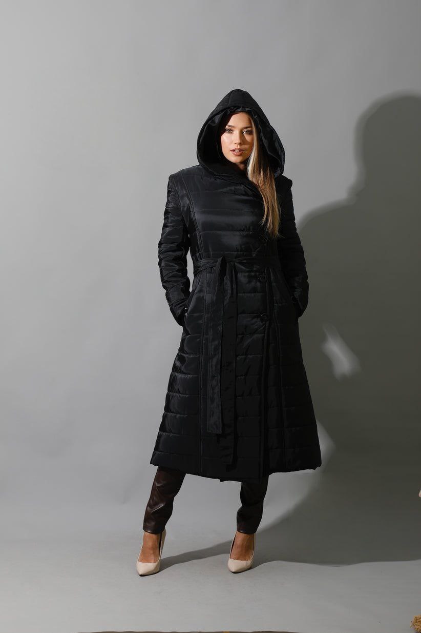 Black waterproof puffer Coat With belt