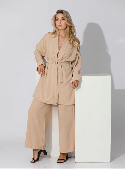 Beige Co-ord - Kimono With Belt + Loose fit Pants