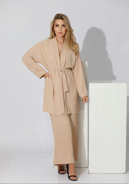 Beige Co-ord - Kimono With Belt + Loose fit Pants