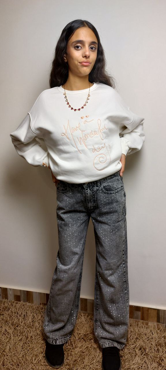 Grey Jeans with strass Straight- Wide Leg - relaxed fit